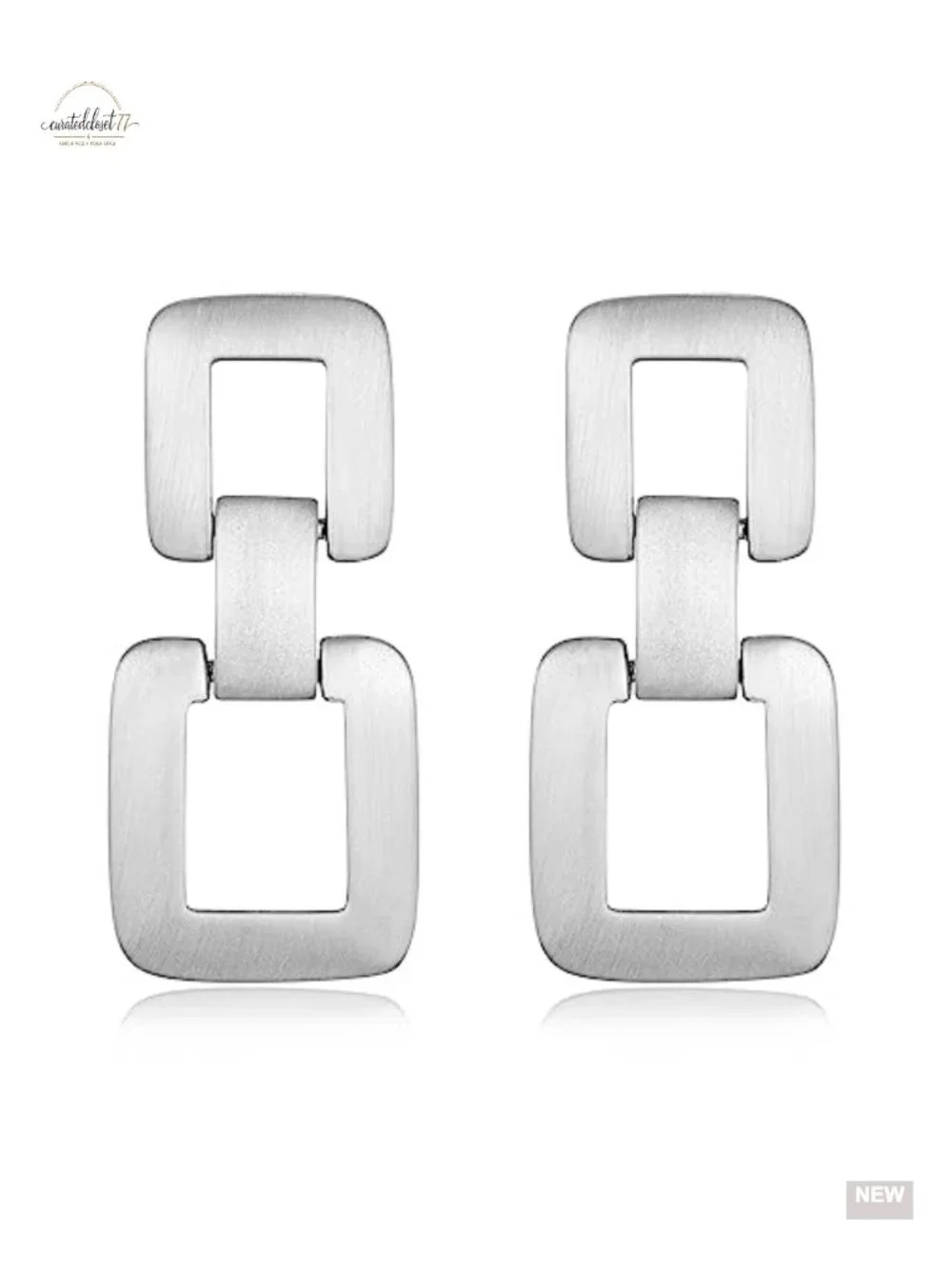 Brushed Silver Geometric Link Square Dangle Earrings Hypoallergenic
